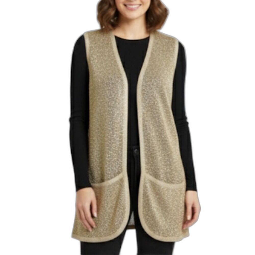 Chico's Travelers Women's Champagne Gold Metallic Mesh Open Front Vest Size 12